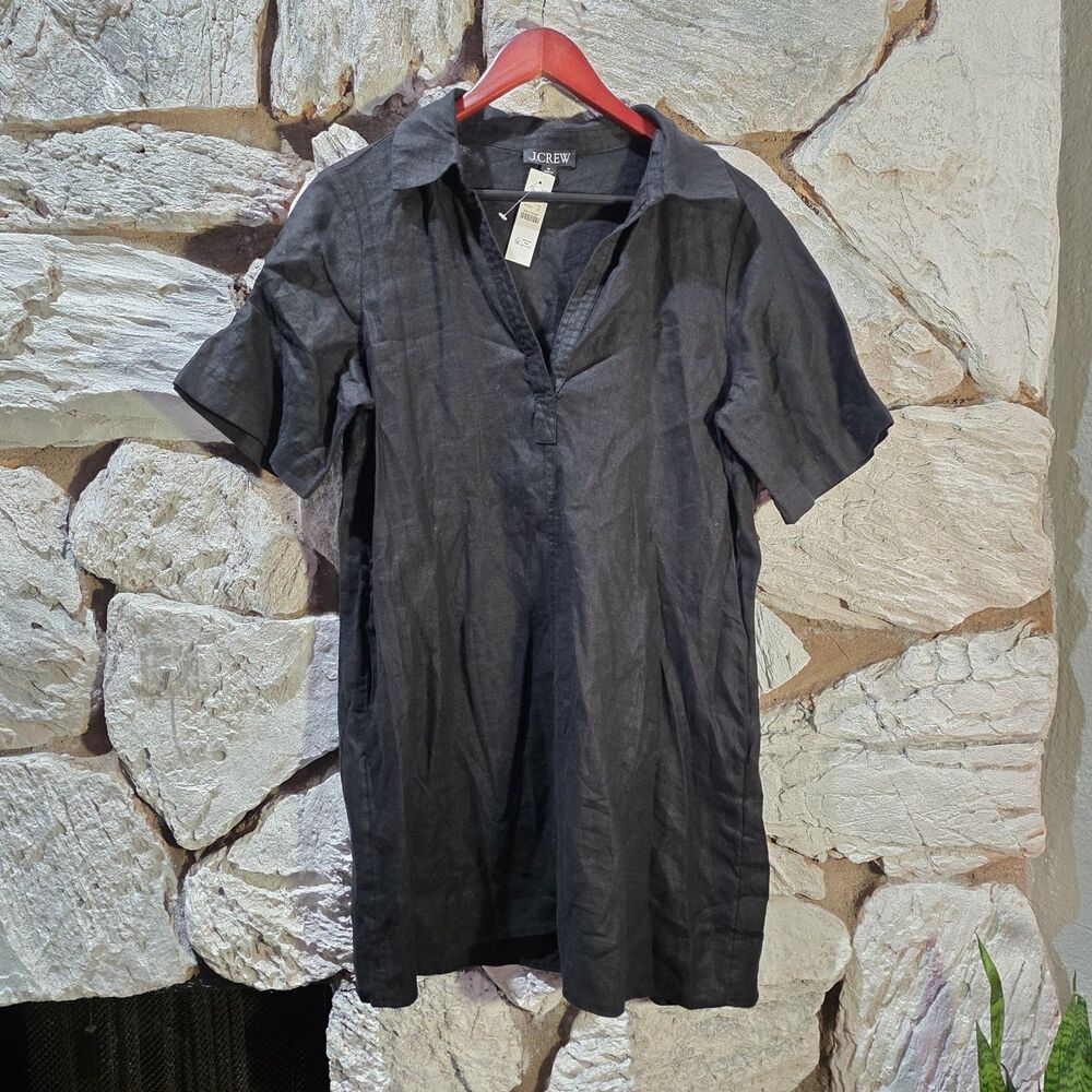 J Crew Shirtdress Poplin Black 100% Linen Resort Vacation Women’s M Short Sleeve